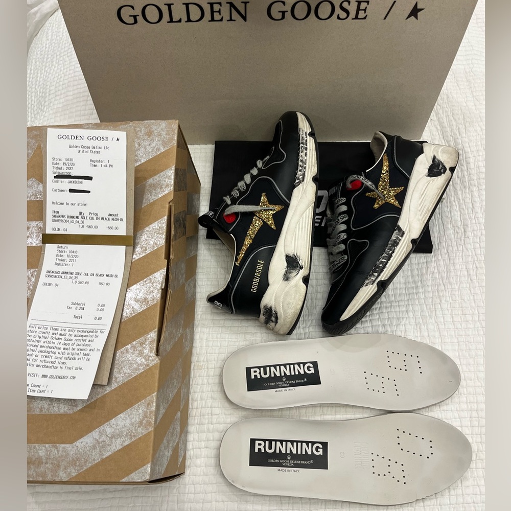 Golden Goose Running Sole size 39 black leather with gold glitter star